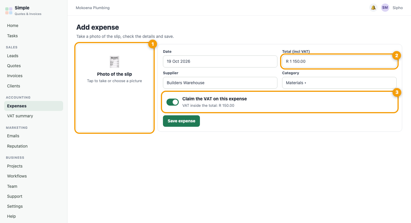 The Add expense screen with a photo of the slip and a claim VAT switch