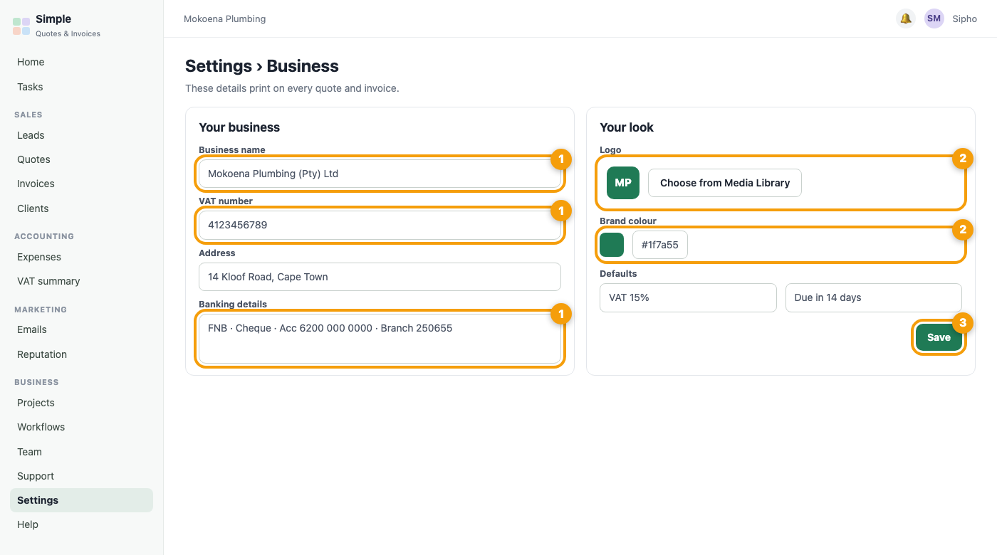 The Business settings with name, VAT number, banking details, logo and colour