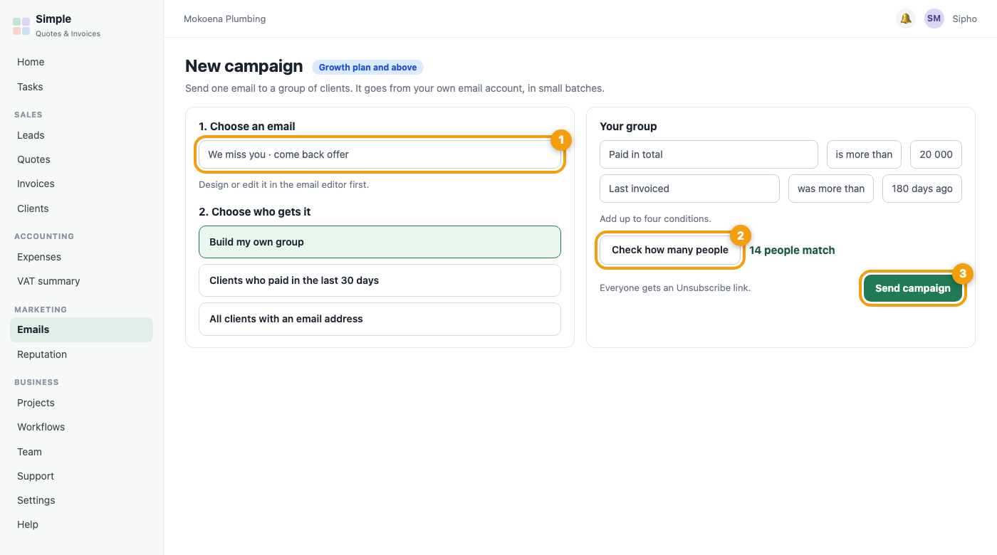 The New campaign screen with an email and a group chosen and a Check how many people button