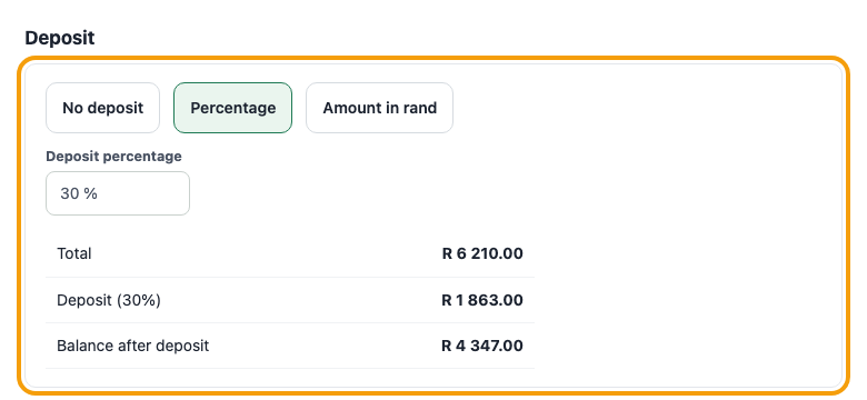 The Deposit choice on the quote form