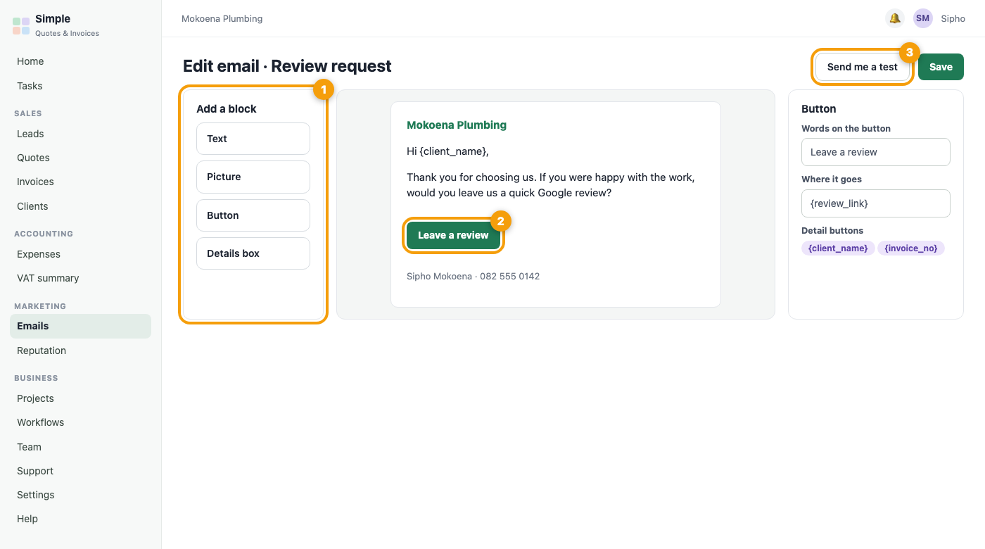 The email editor with blocks on the left and a live preview on the right
