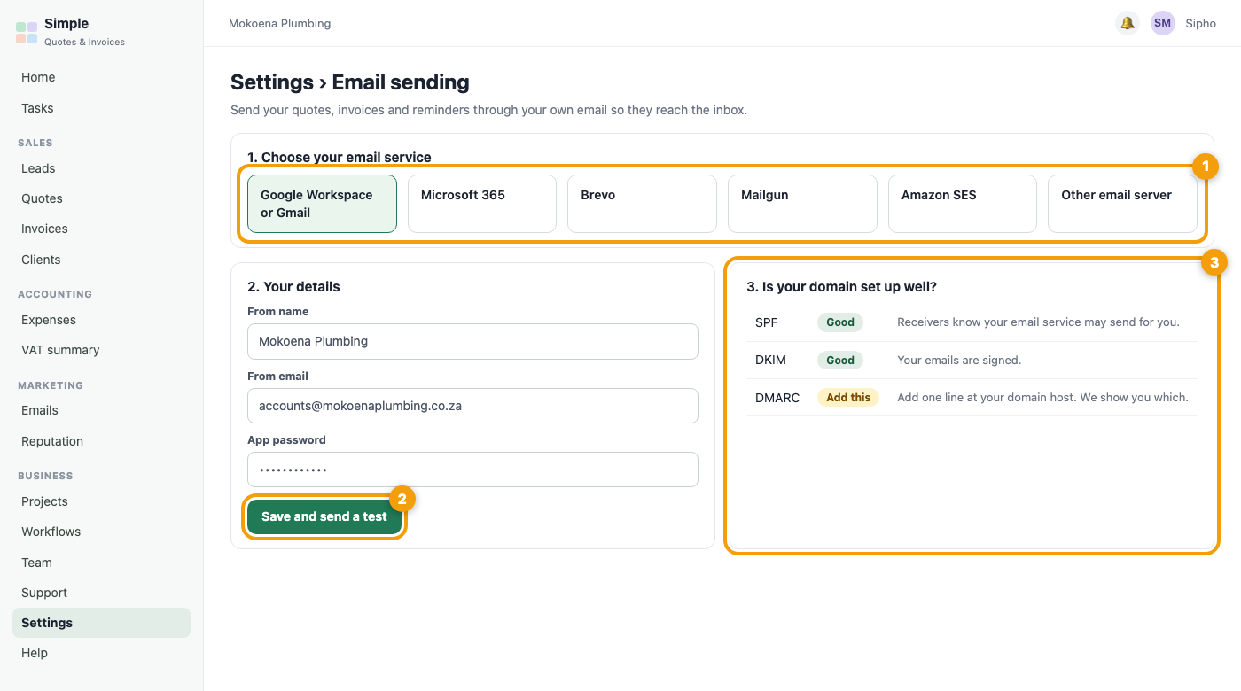 The Email sending page with service choices and a Save and send a test button