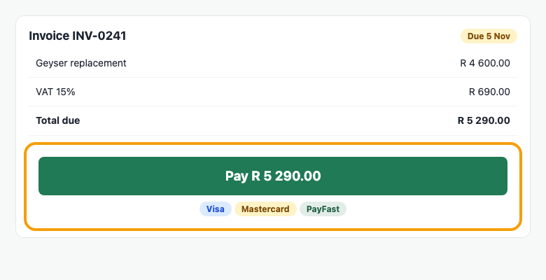 The pay button a client sees at the foot of an invoice
