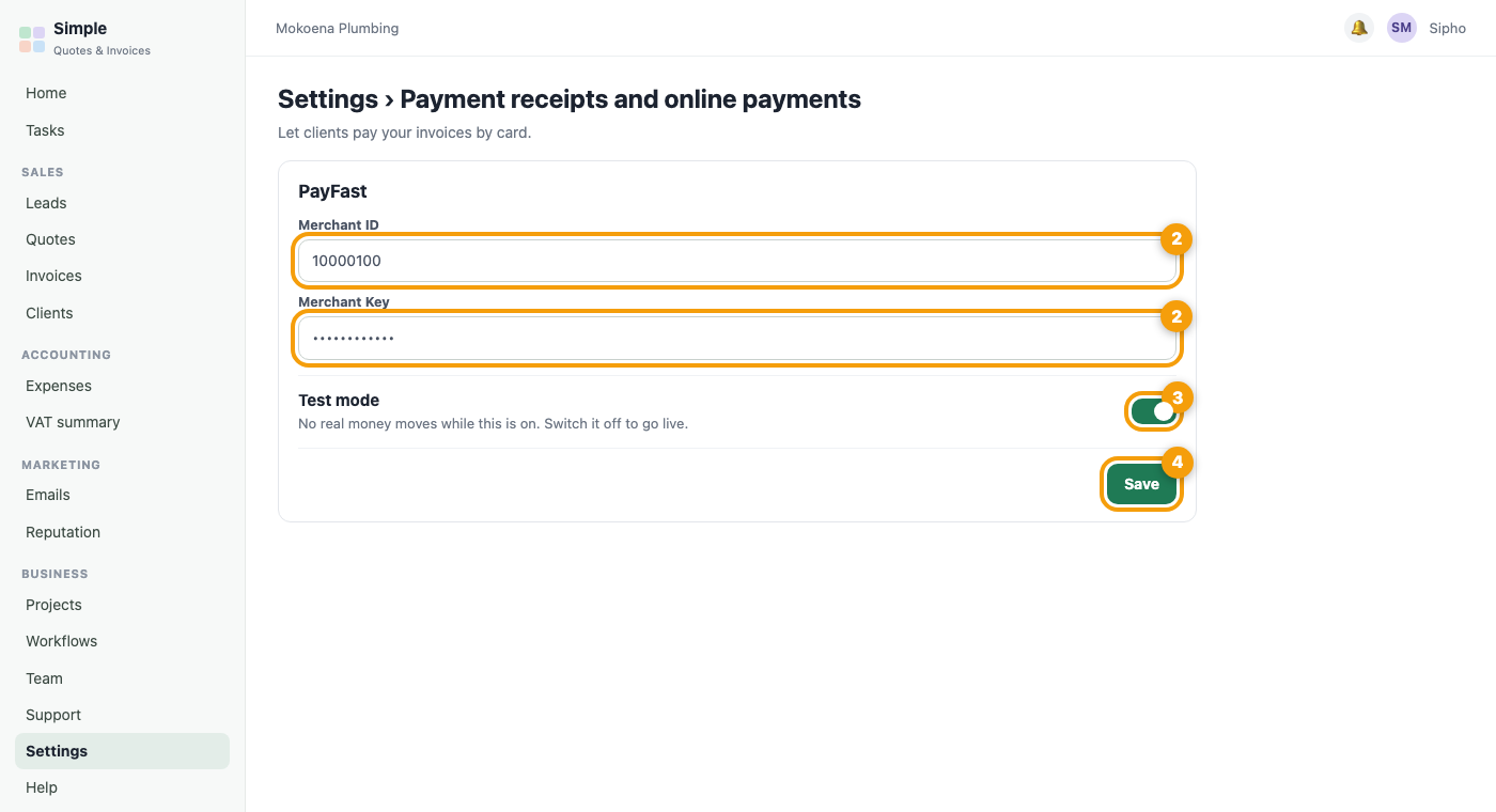 PayFast settings with the Merchant ID, Merchant Key, Test mode switch and Save button