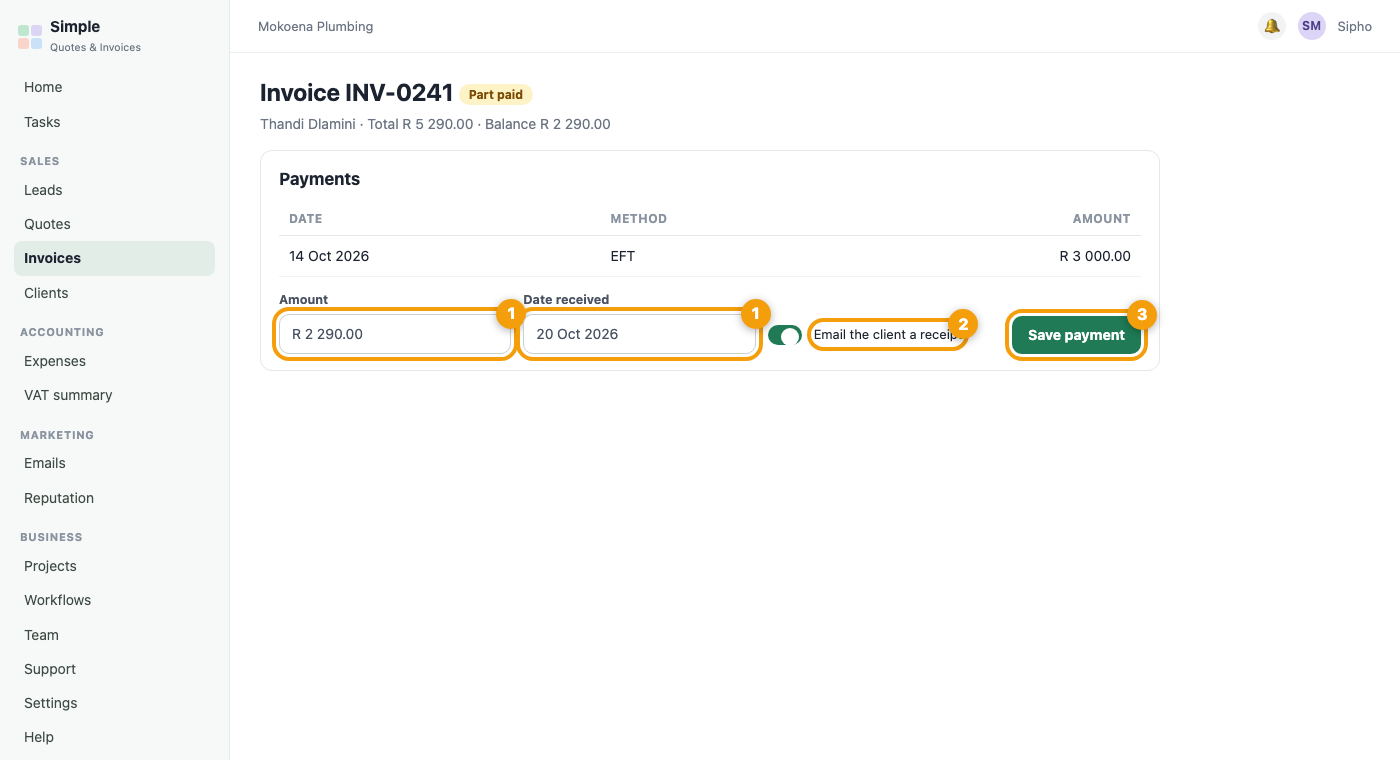 The Payments area of an invoice with amount, date and receipt tick box