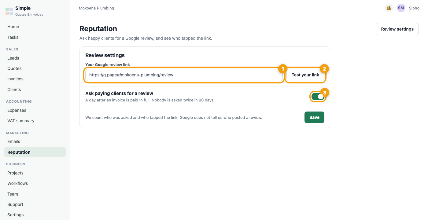 Review settings with the Google link box and the automatic switch