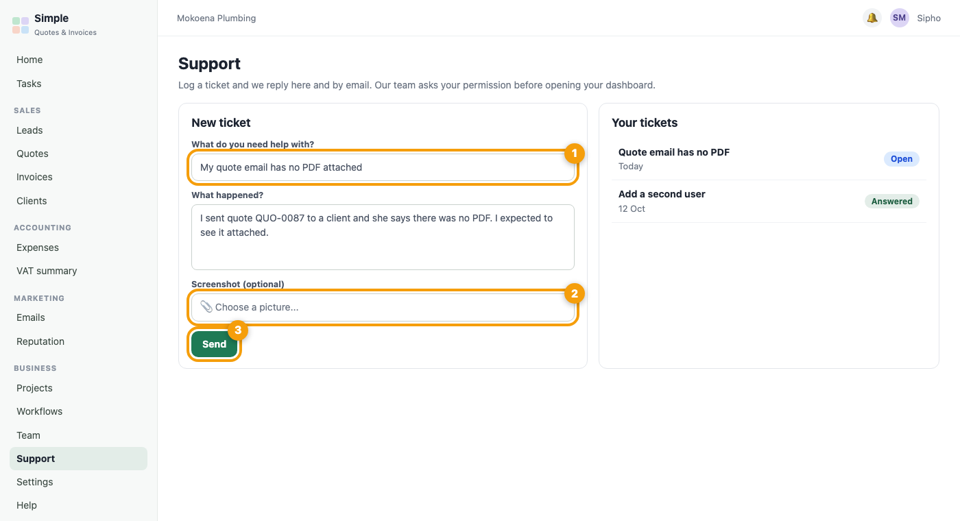 The Support page with the New ticket form