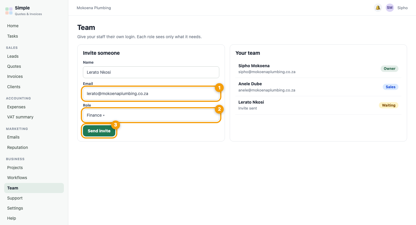 The Team page with the invite form and the role choice