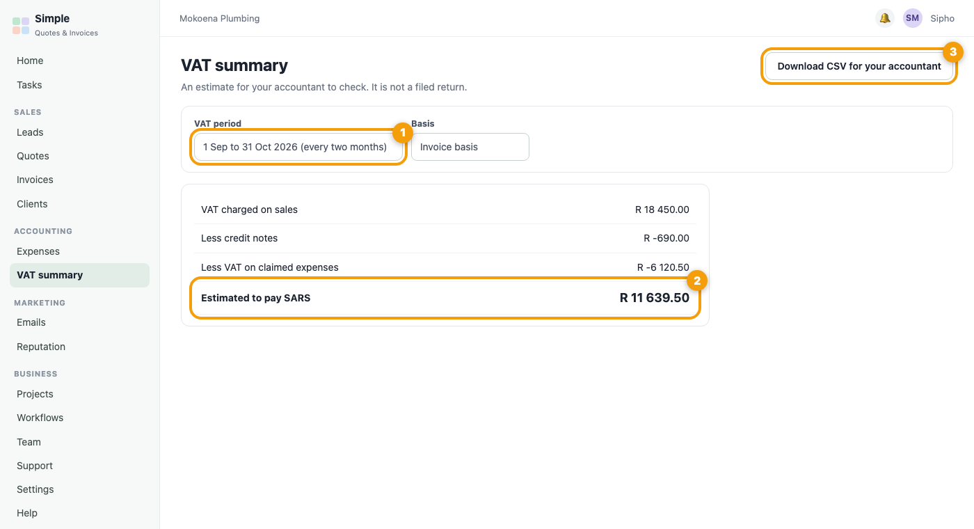 The VAT summary tab for one period